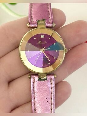 Beautiful Moulin Pink Faceted Crystal Diamond Watch WORKING!! Gold Prism Jewel